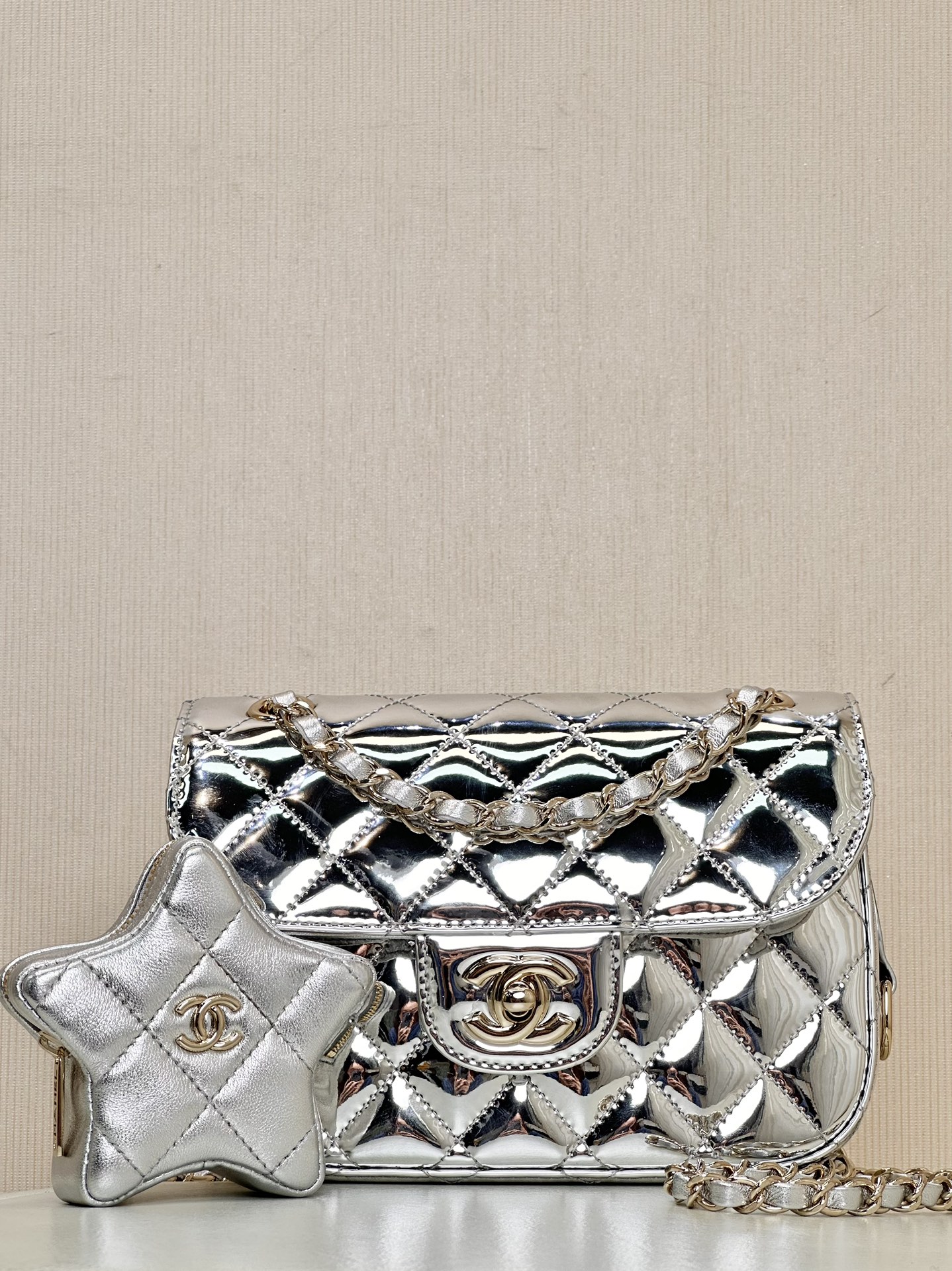 CHANEL 24C зорка квадратны тоўсцік лакіраваная скура люстраная пяціканцовая зорка падвеска здымны кашалёк на плячы цераз плячо-вышэйшая якасць