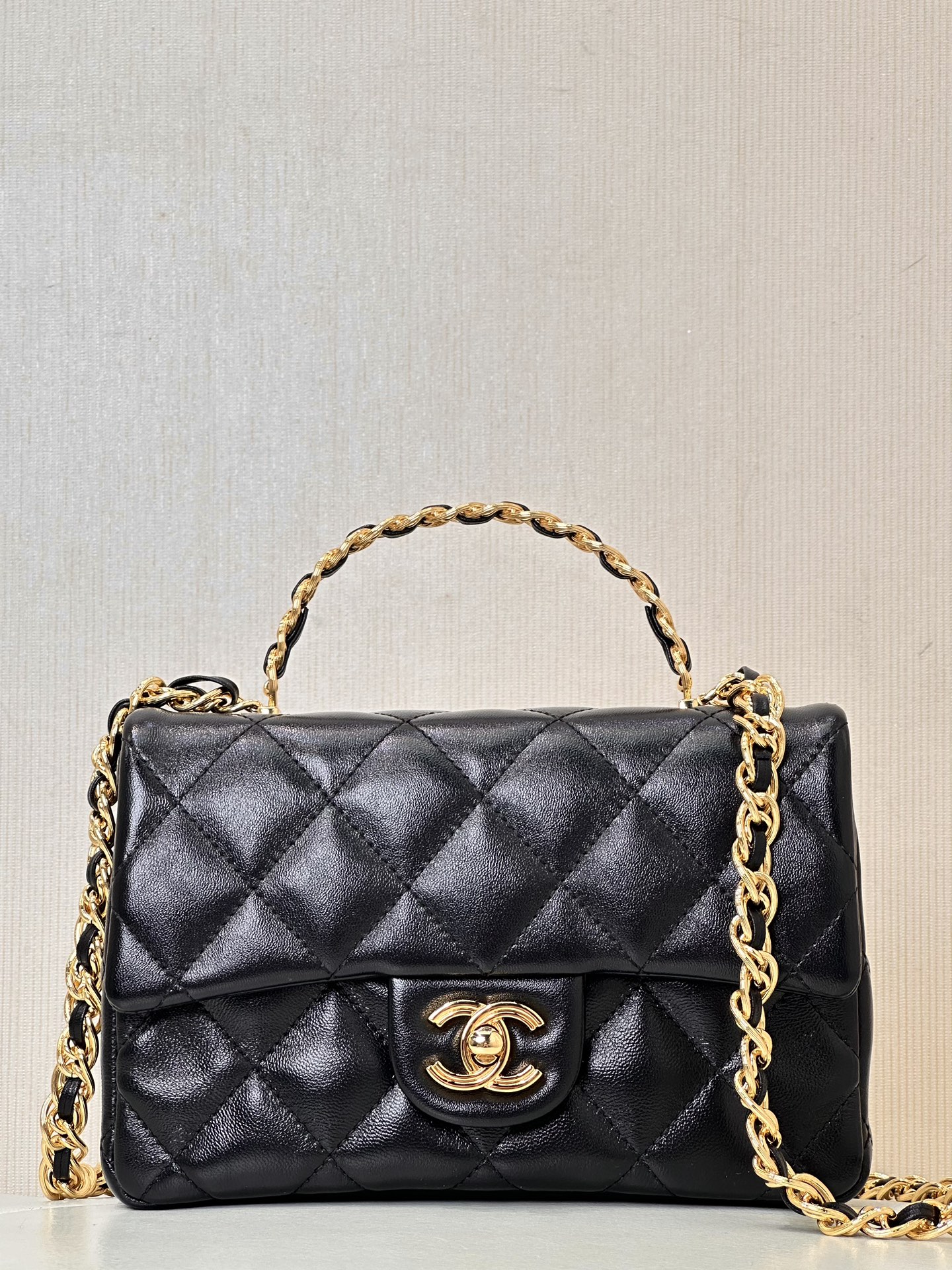 CHANEL 23S сумка з ручкай, ромбападобная ланцужок, двойны C logo, залатая ручка, паненка, гладкая скура, плячо і праз плячо, міні-сумка — топ-якасць