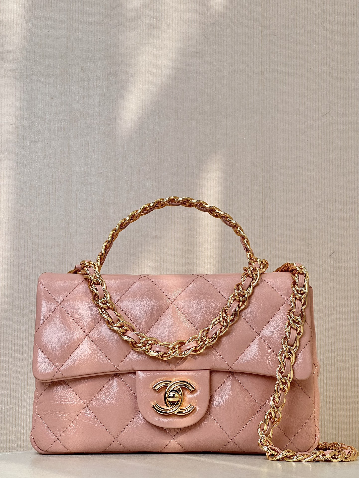 CHANEL 23S сумка з ручкай, ромбападобная ланцужок, двойчы C logo, залатая ручка, паненка, гладкая скура, праз плячо і накрыж, міні-сумка - топ-якасць