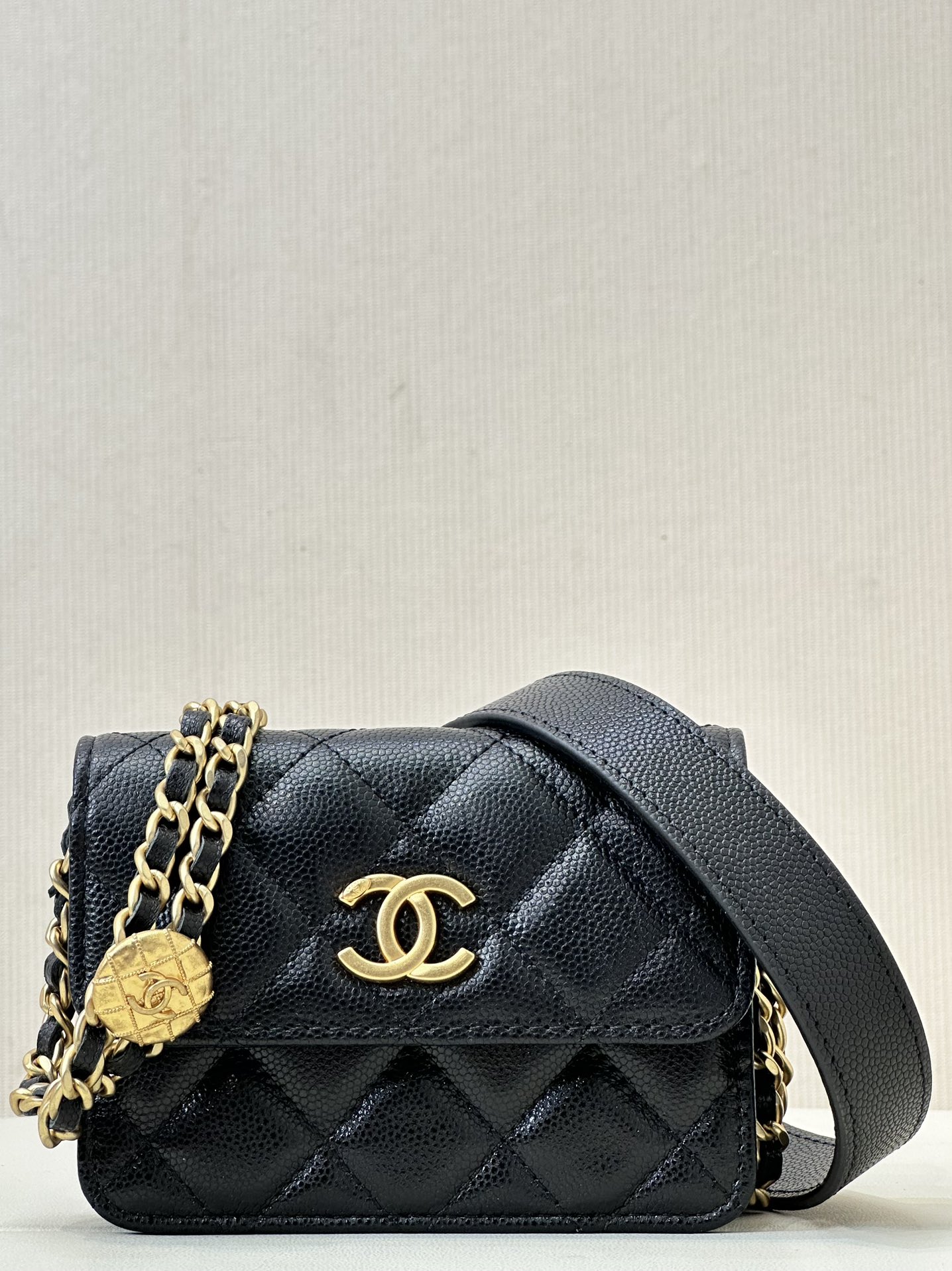 CHANEL badge munt klein tasje flapbag kaviaarleren dubbele ketting vintage afgewerkte hardware mini-uitvoering - topkwaliteit