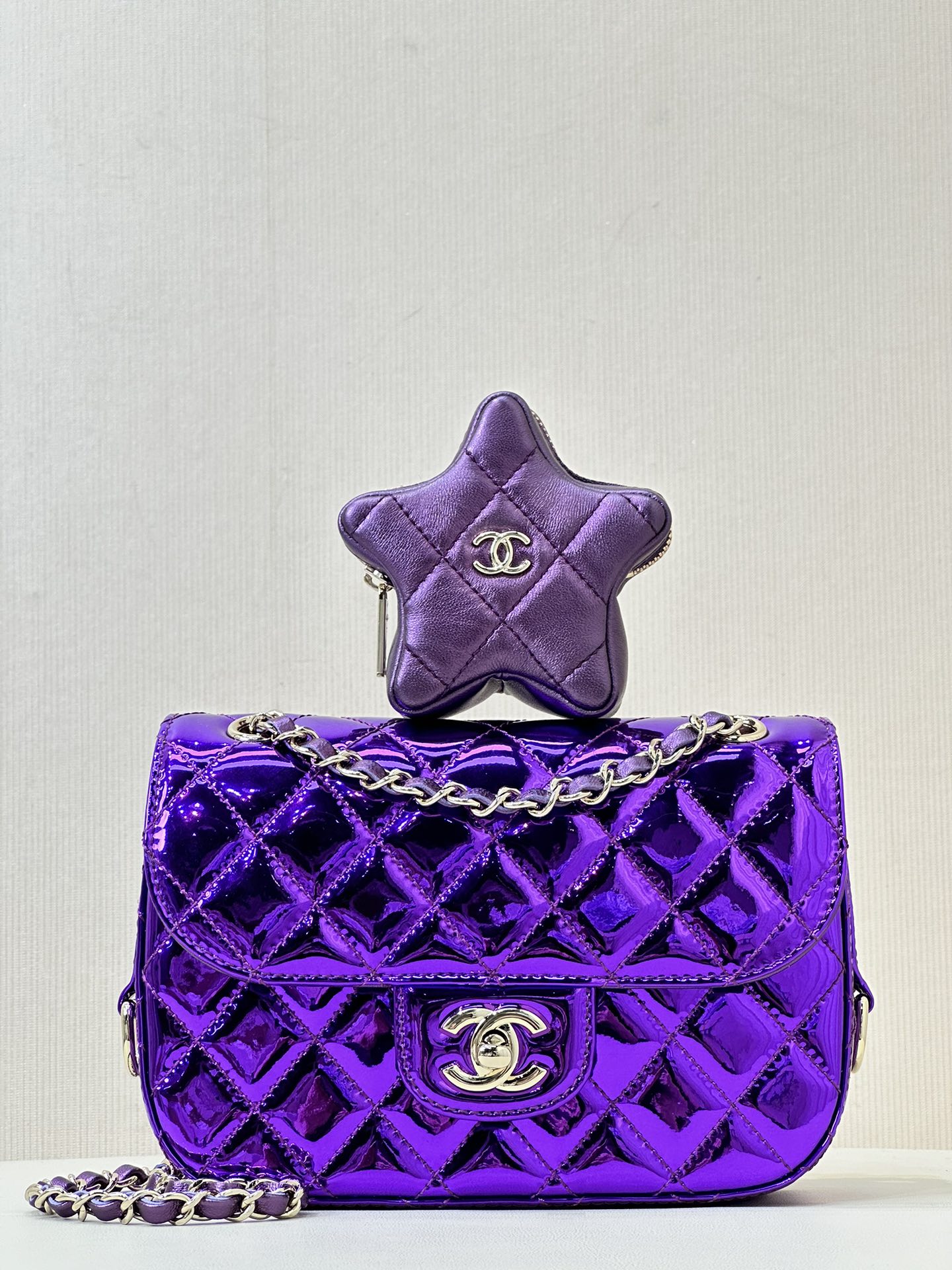 CHANEL 24C зорка квадратны тоўсцік лакіраваная скура люстэрка пяціканцовая зорка падвеска здымны кашалёк для дробязі праз плячо цераз плячо - найвышэйшая якасць