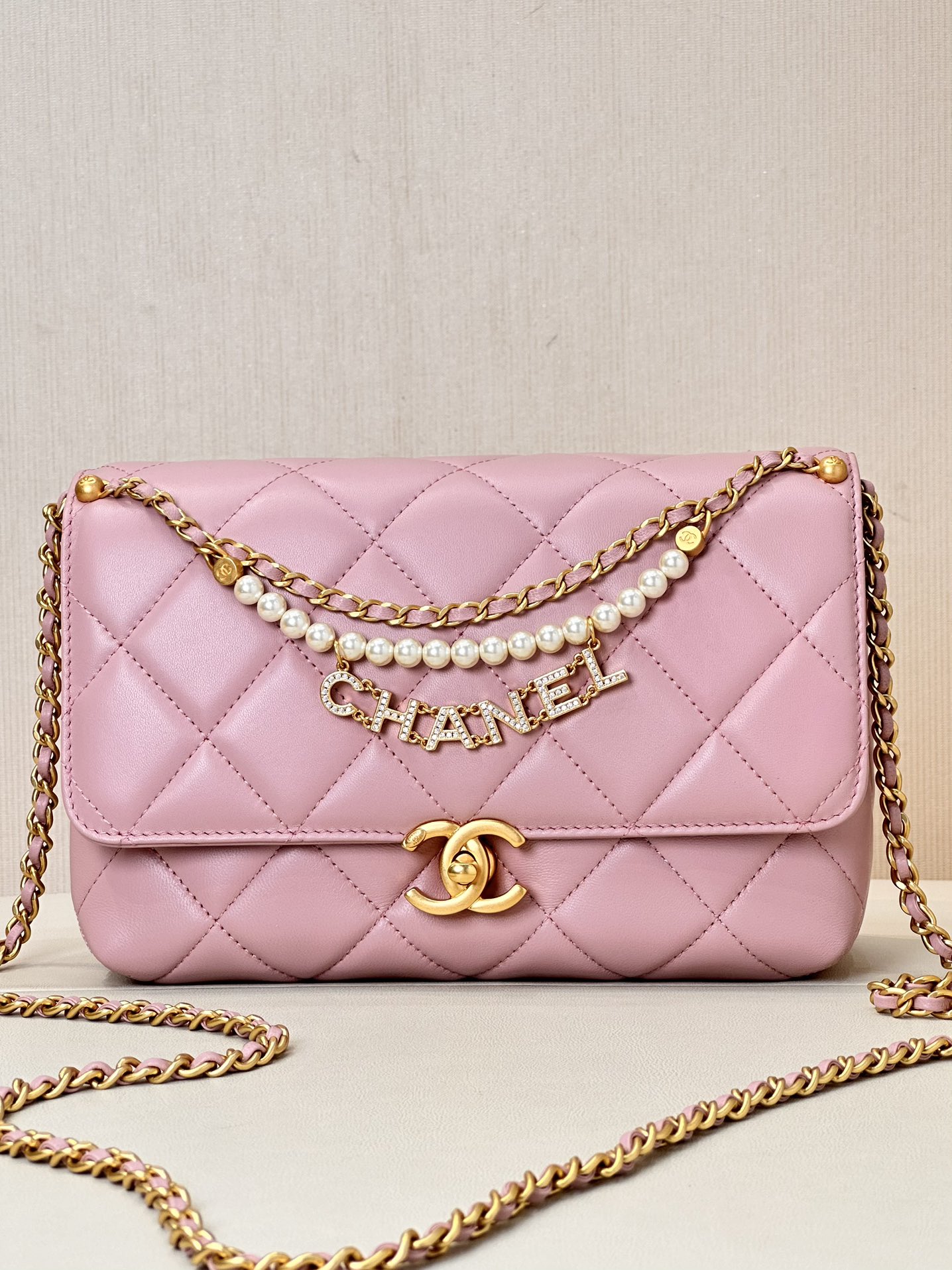 CHANEL 24A parelketting vierkante tas handtas dubbele ketting veelzijdig groot formaat schouder crossbody - topkwaliteit