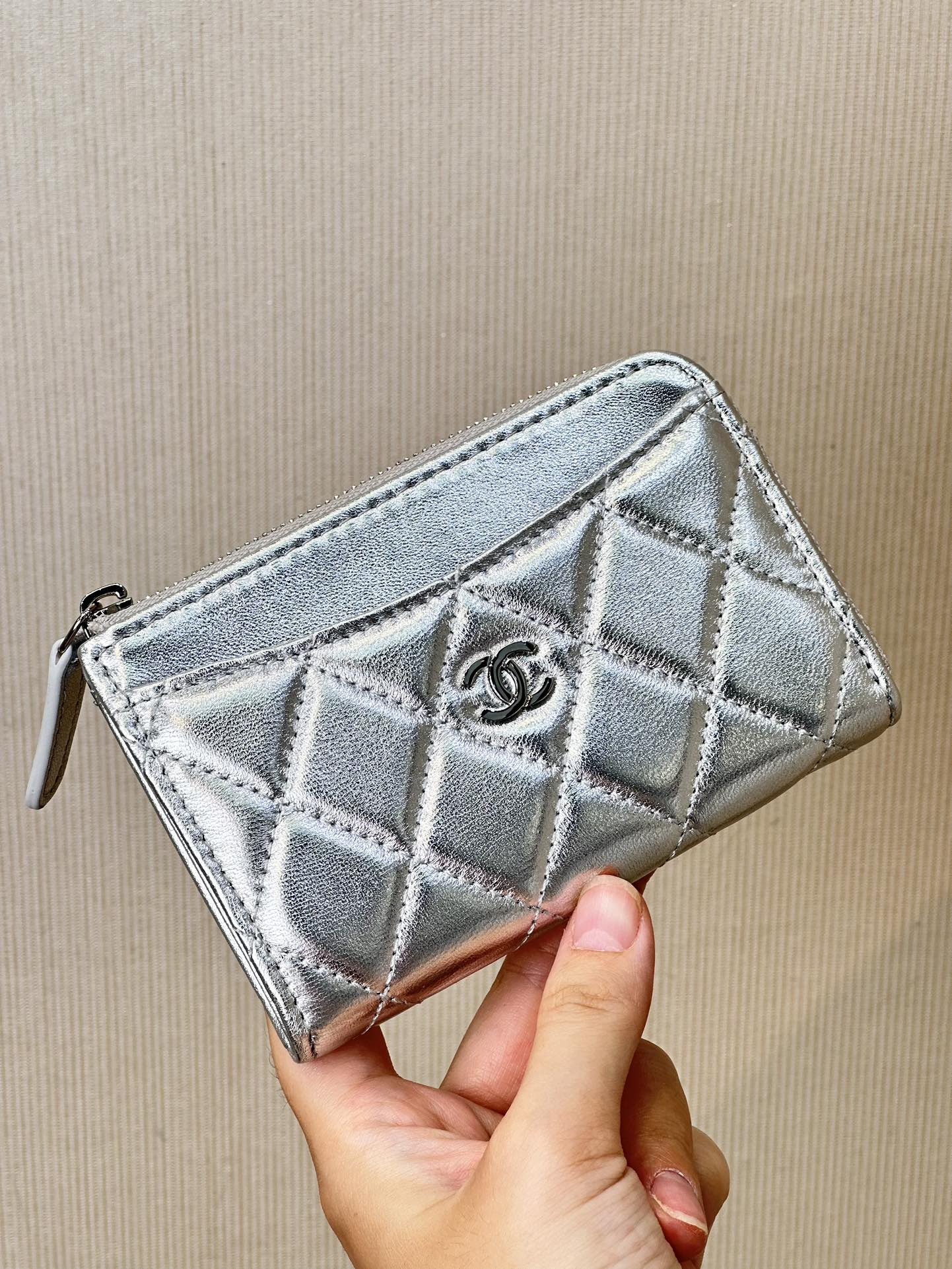 CHANEL leather-interwoven chain double C hardware coin purse card holder L-shaped zipper 2-in-1 original factory perfect details