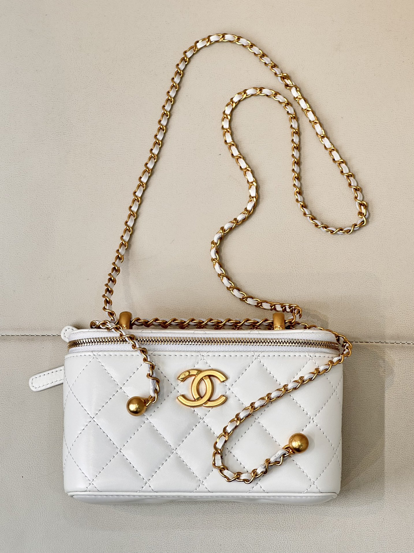 CHANEL 23C Petite Boîte à Double Perle Sac Noir Or Double Perle Dorée Réglage de Chaîne Mini Longueur Cuir d'Origine-Qualité Supérieure