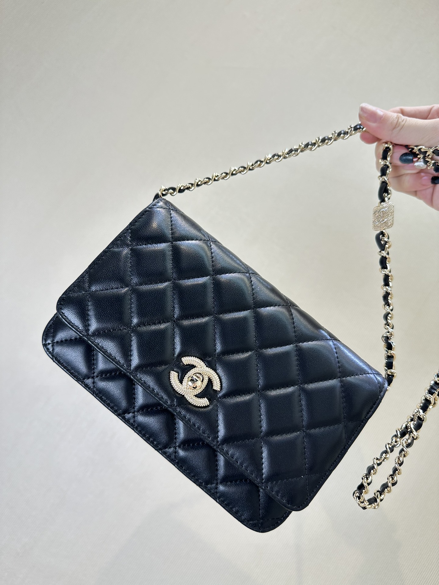 CHANEL 24A Embossed Pendant Box Bag WOC Oil Wax Leather Rhinestone Charm Vintage Gorgeous Collector's Edition - Top Quality
