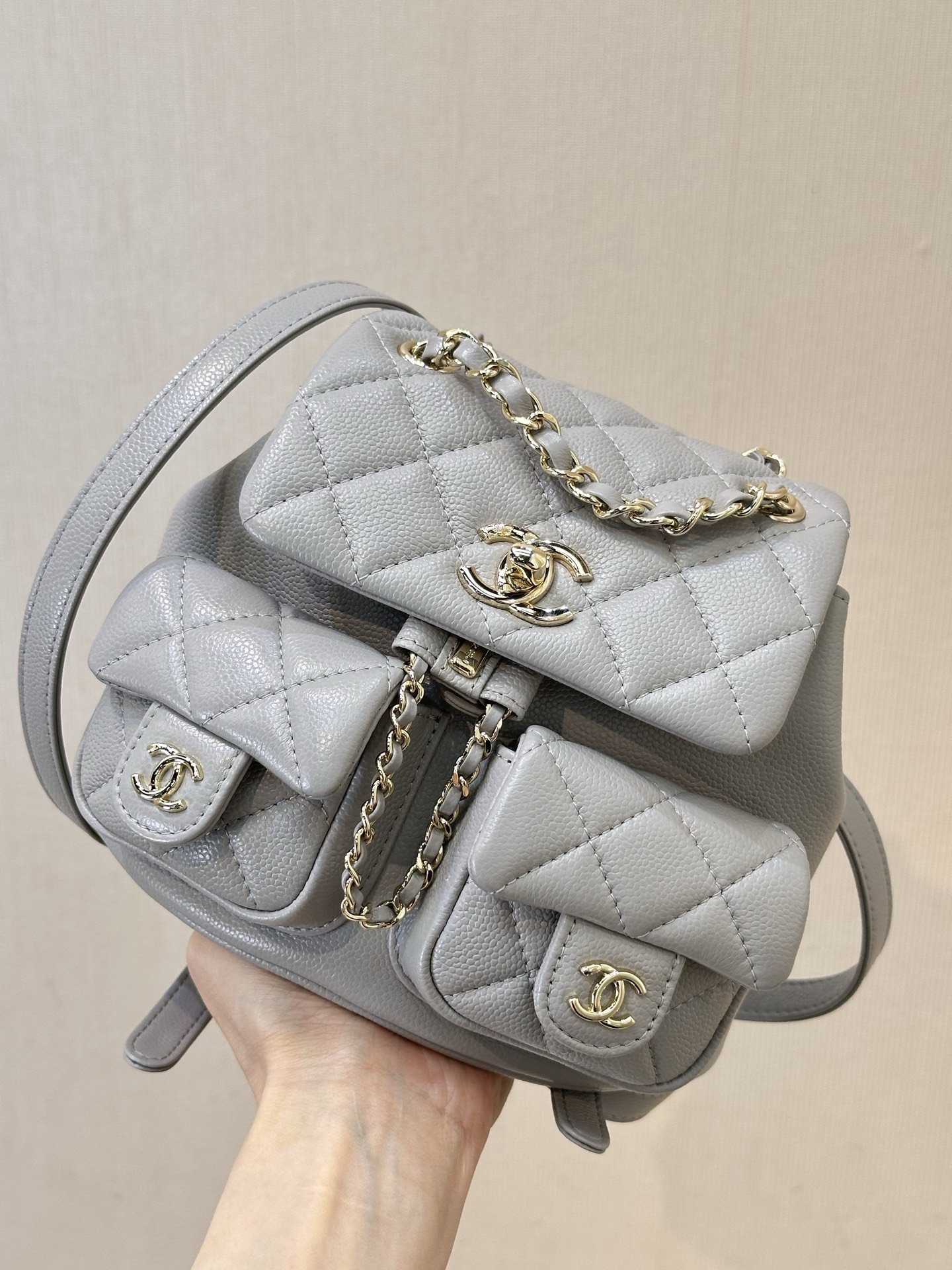 Chanel Quilted Backpack Champagne Gold Hardware, Lambskin Leather, Gray 1 i1744873132250 4227 0 0