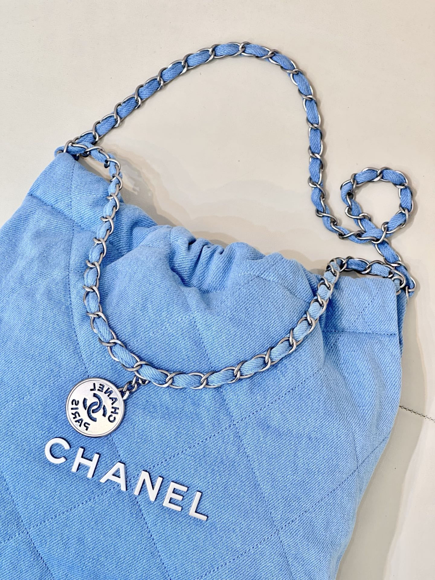 Chanel Blue Denim Quilted CC Charm Bucket Bag with Chain Strap 3 i1745057361402 7358 0 1