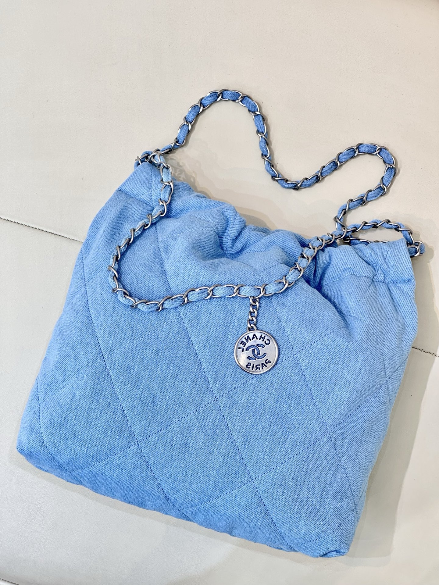 Chanel Blue Denim Quilted CC Charm Bucket Bag with Chain Strap 9 i1745057365432 6343 0 7