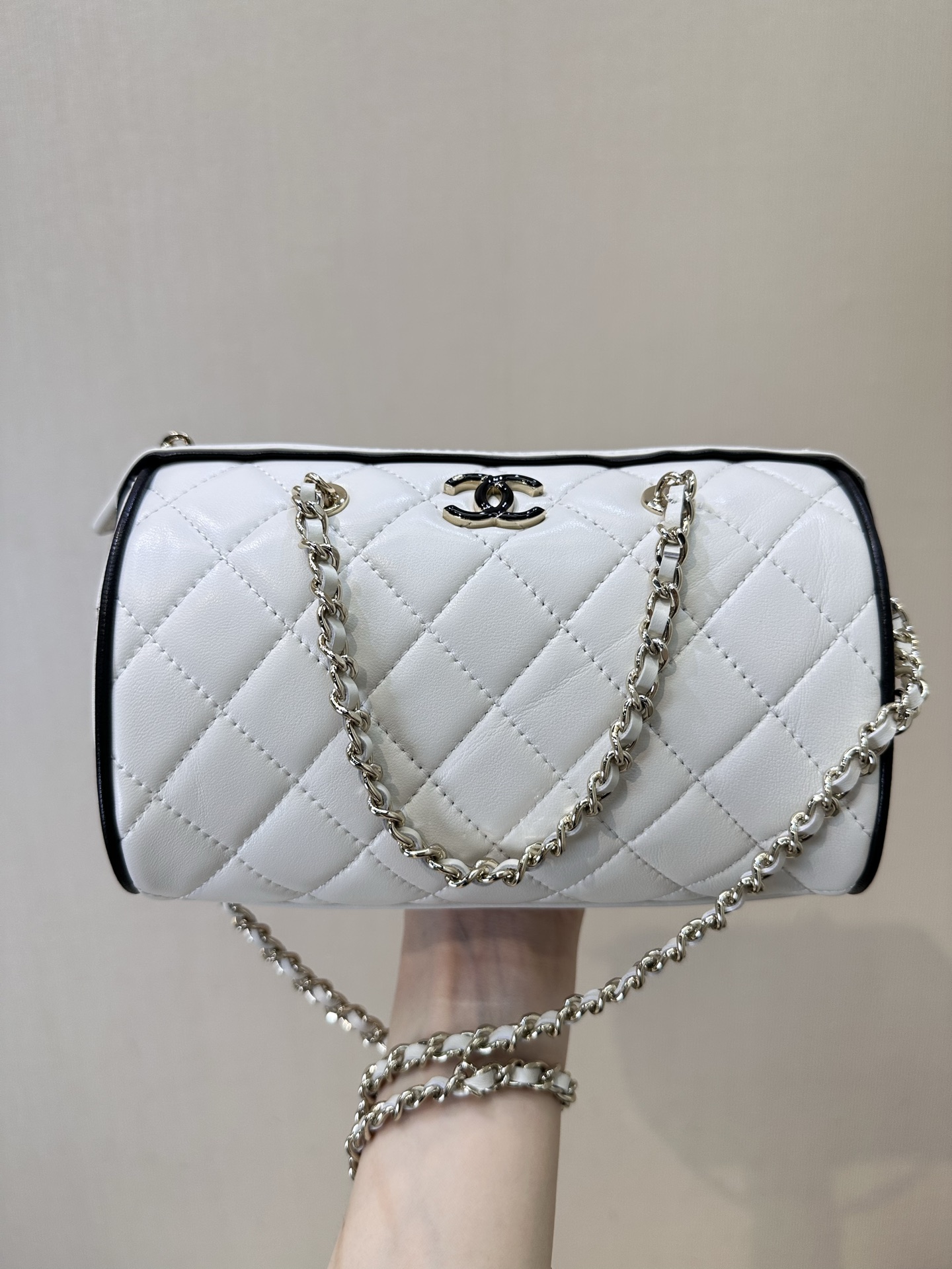 Chanel White Lambskin Quilted Bowling Bag with Silver Chain Strap 2 i1745231361764 1084 0 0