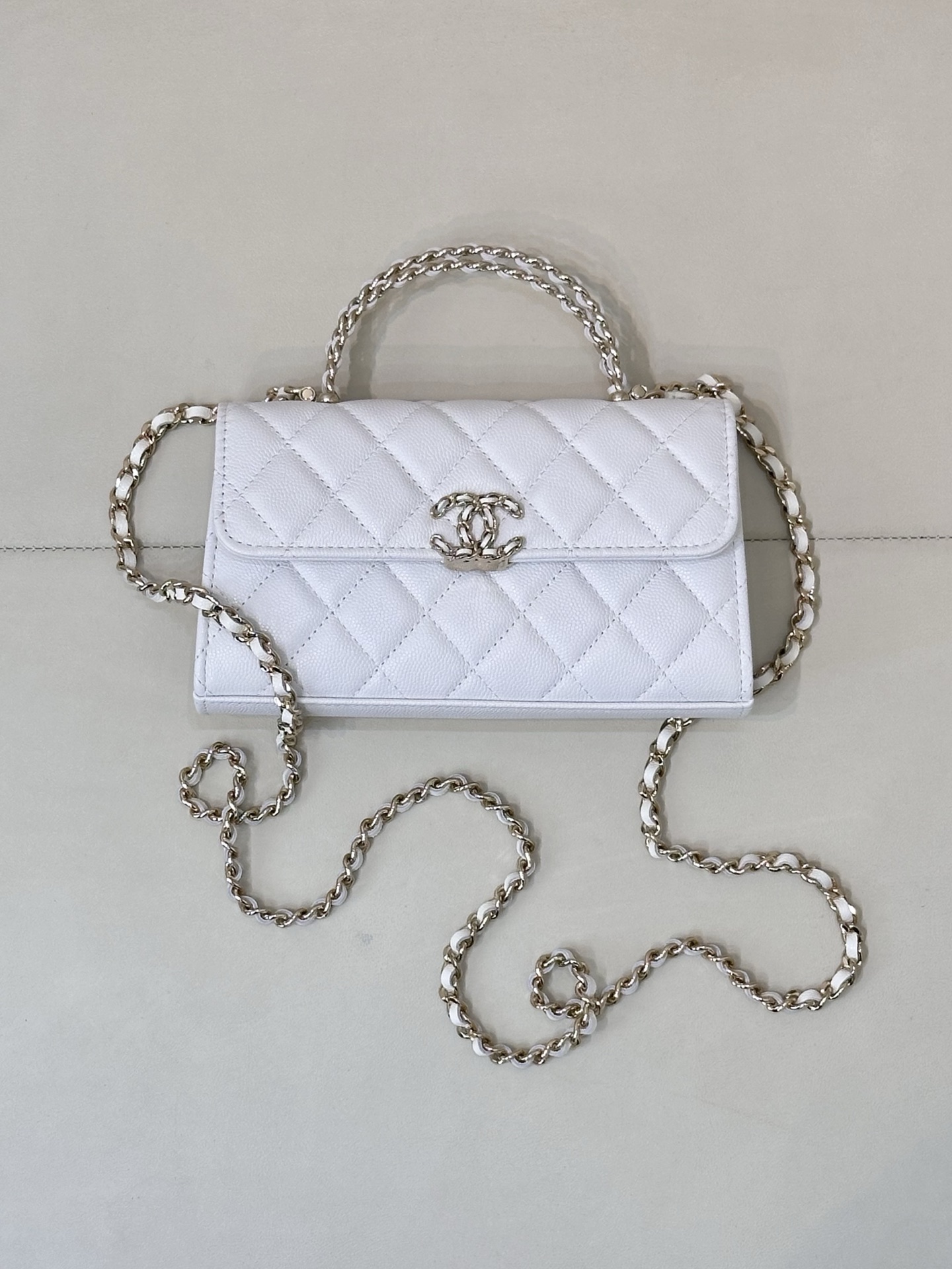 CHANEL kleine Chanel mini Kelly cross-handle lychee-grain kalfsleer ruitketting champagne hardware logo verborgen model populair model oude kanalen - topkwaliteit