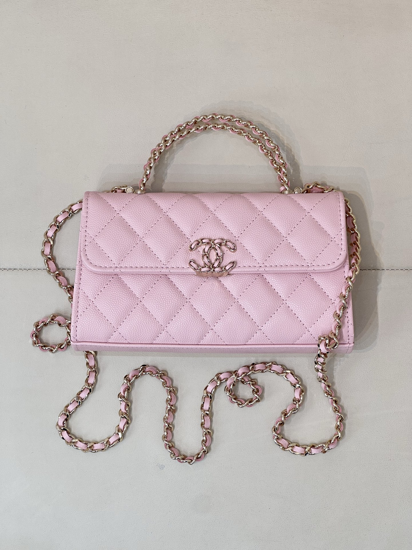 CHANEL kleine Chanel mini Kelly cross-handle lychee-grain kalfsleer ruitketting champagne hardware logo verborgen model populair model oude kanaal - topkwaliteit