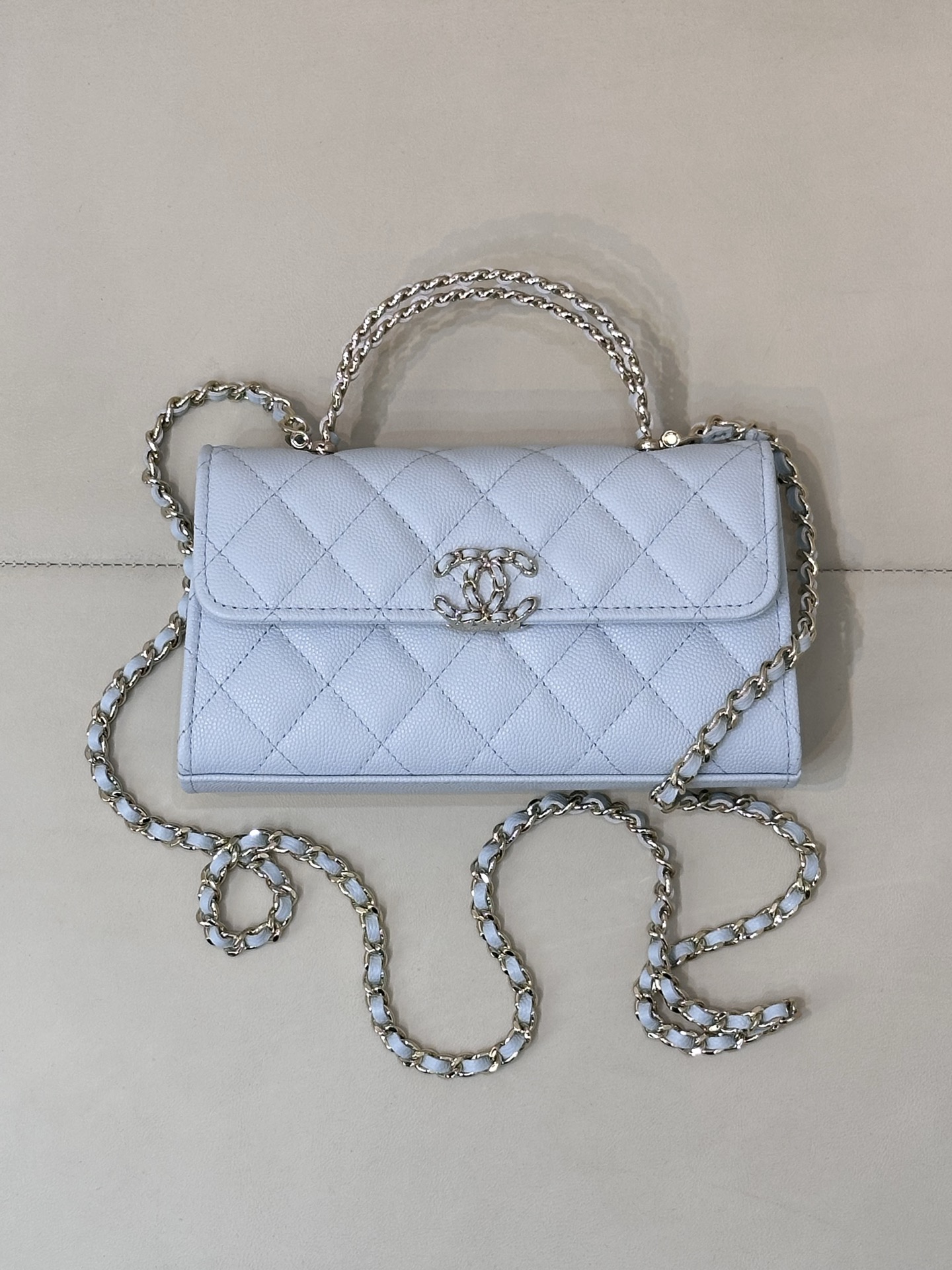 CHANEL kleine Chanel mini Kelly cross-handle lychee-grain kalfsleer ruitketting champagne hardware logo verborgen model populair model oude kanaal - topkwaliteit