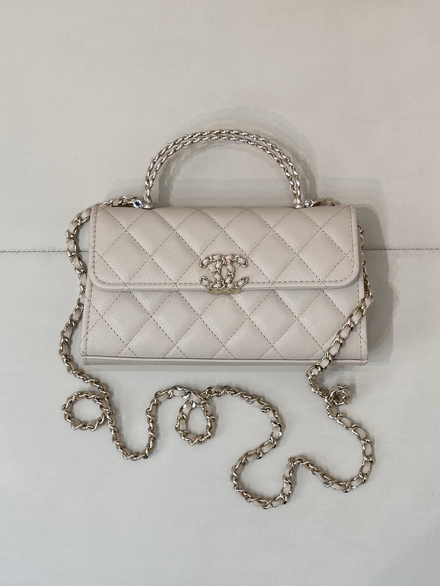 CHANEL kleine Chanel mini Kelly cross-handle lychee-grain kalfsleer ruitketting champagne hardware logo verborgen model populair model oude kanaal - topkwaliteit