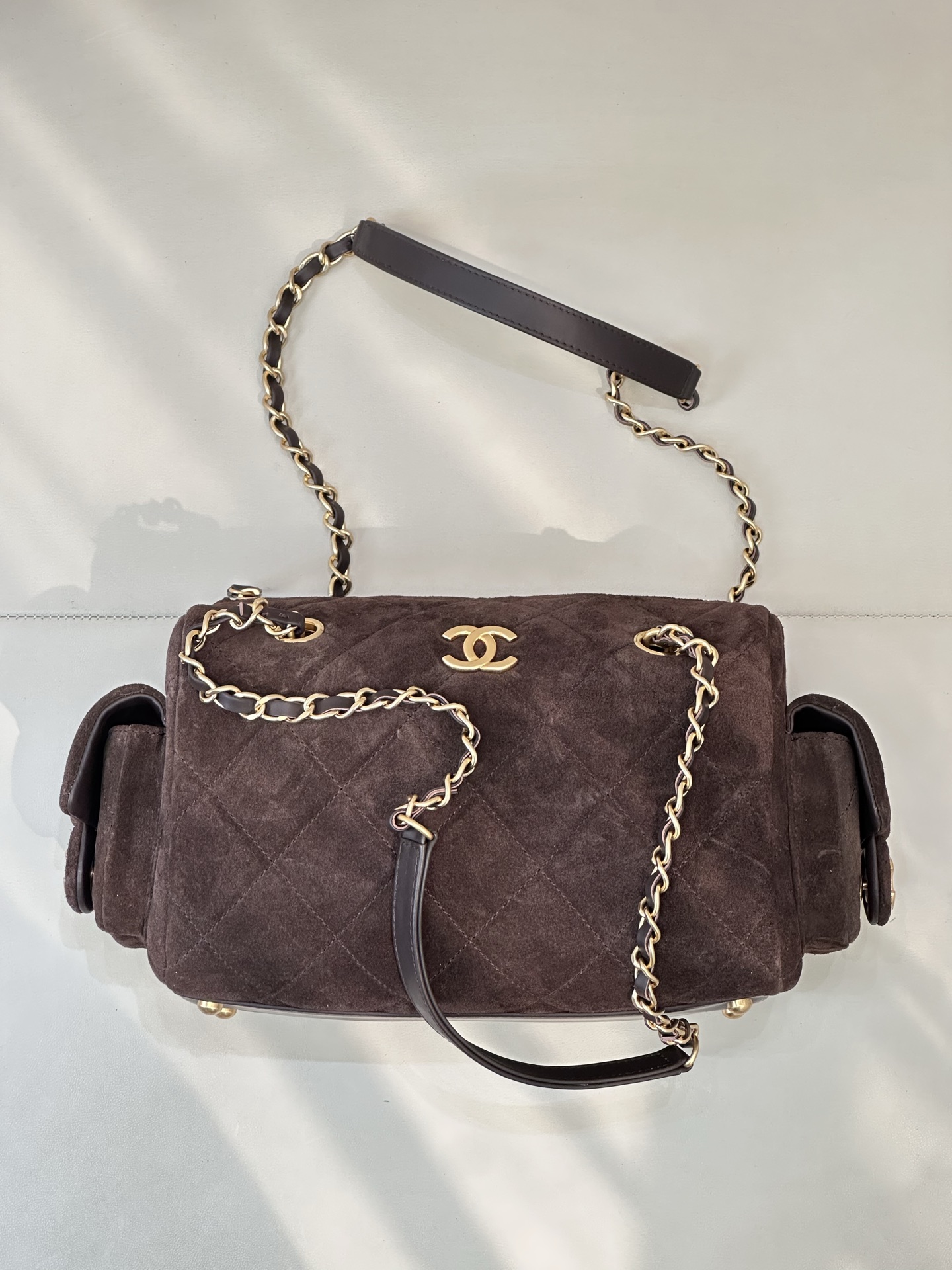 Chanel Bowling Bag Suede Leather with Chain Straps - Chic and Spacious