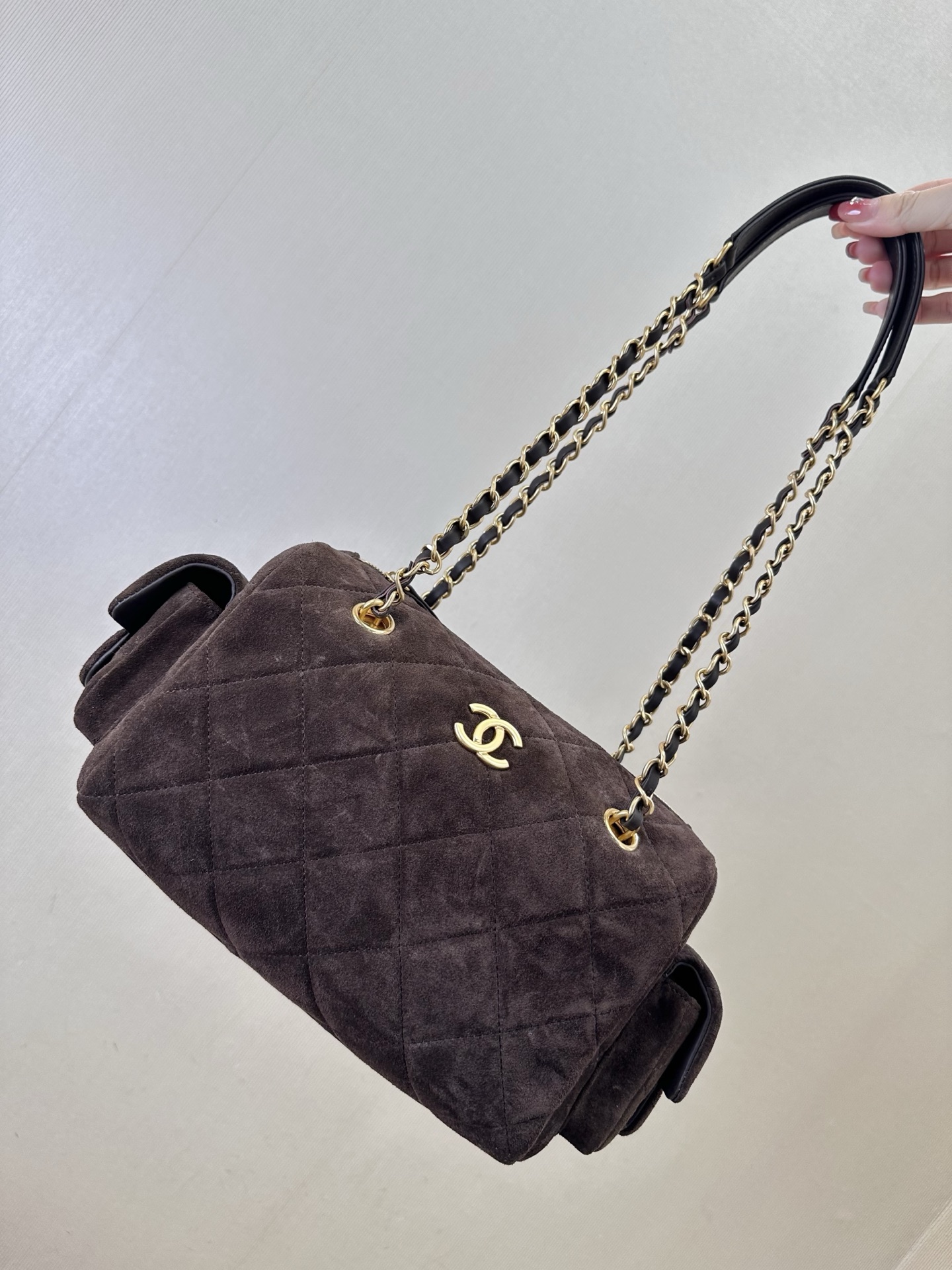 Chanel Vintage Suede Quilted Bowling Bag with Chain Straps - Brown