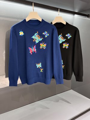 Louis Vuitton Clothing Knit Sweater Sweatshirts Black Blue Embroidery Knitting Wool Fall/Winter Collection