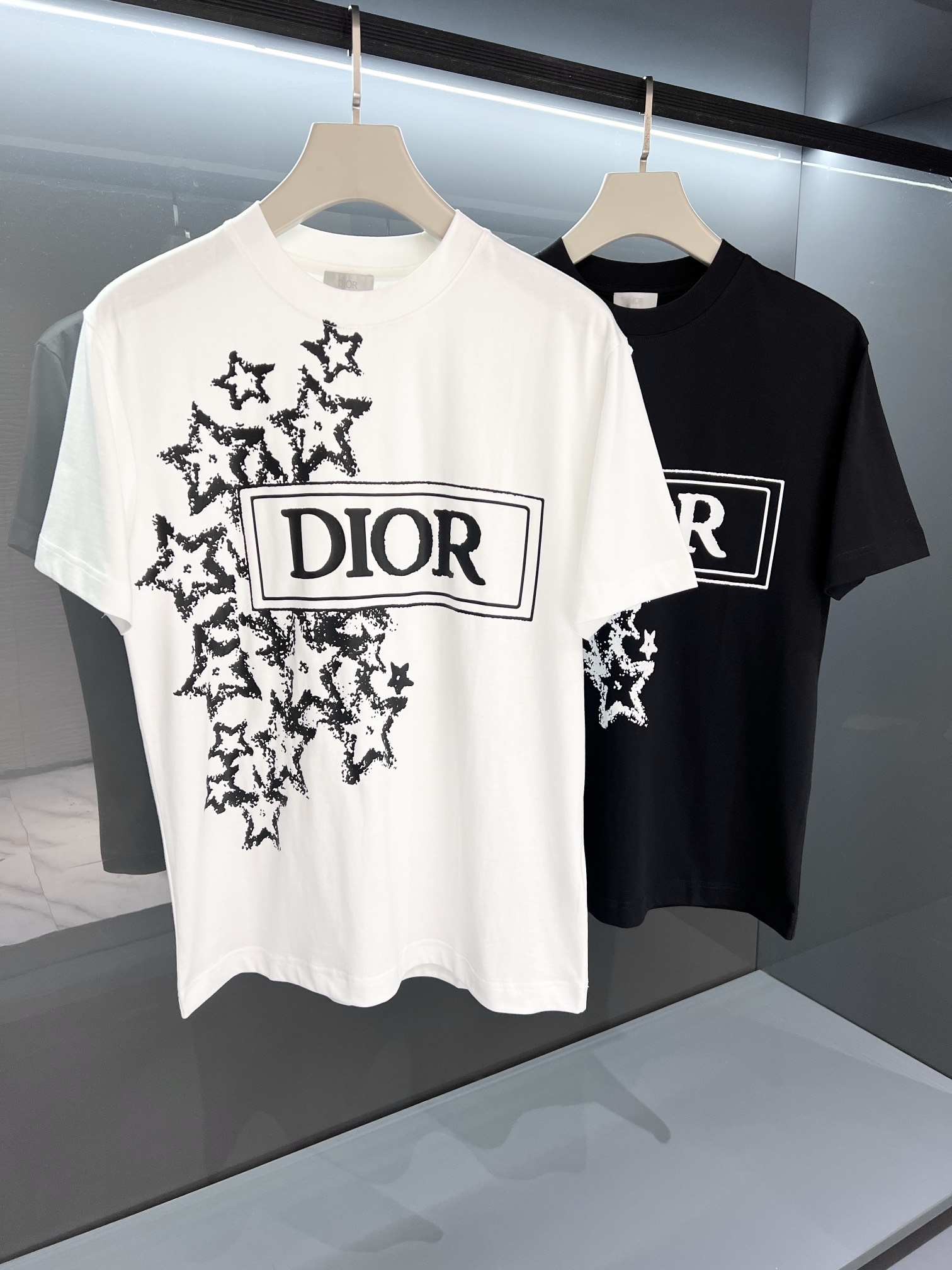 Dior Online
 Clothing T-Shirt Black White Printing Men Cotton Knitted Knitting Spring/Summer Collection Fashion Short Sleeve