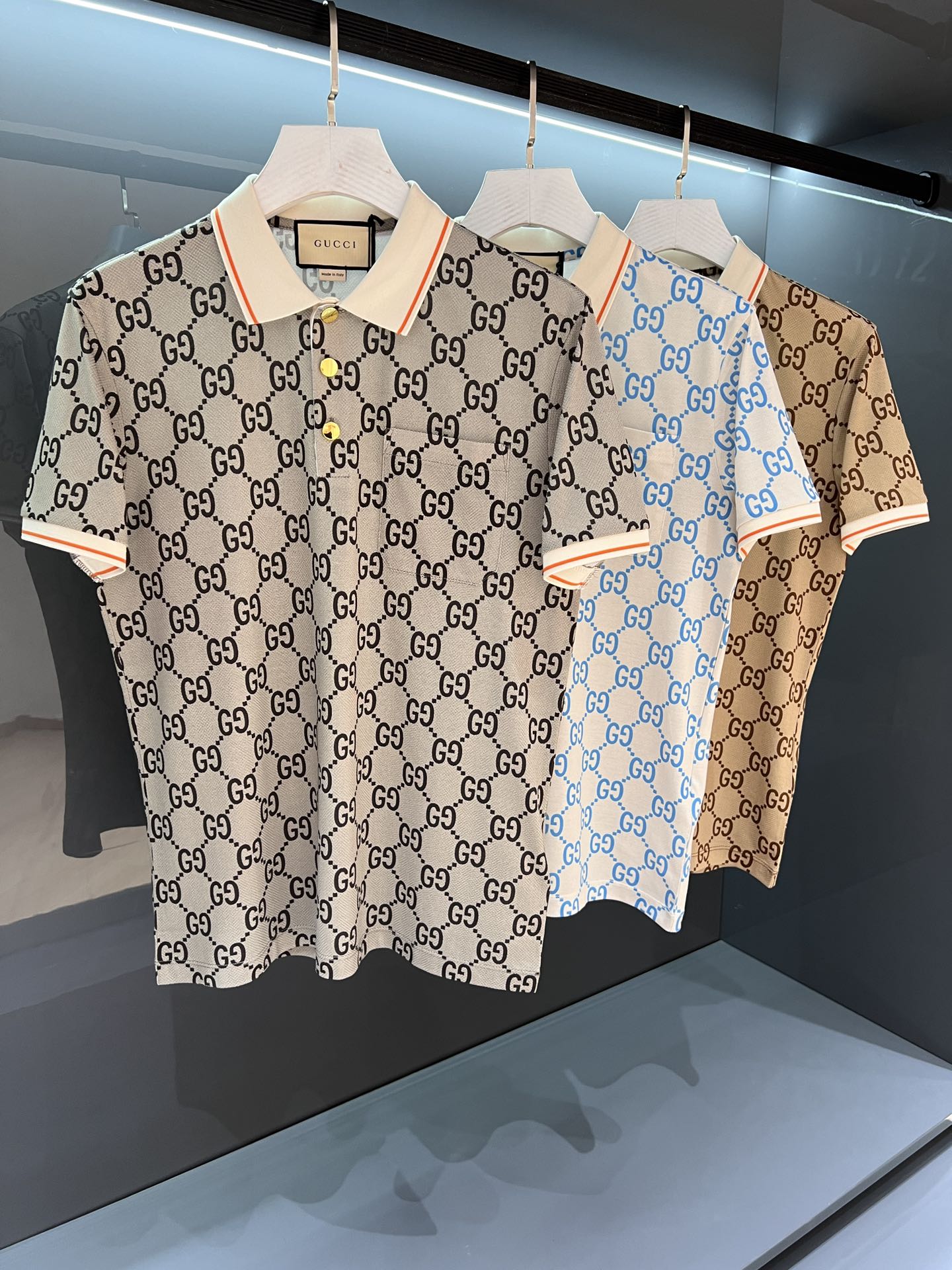 Gucci Abbigliamento Polo T-Shirt Beige Blu Grigio Uomini Cotone Lavorazione a maglia Seta Collezione estiva Vintage Maniche corte