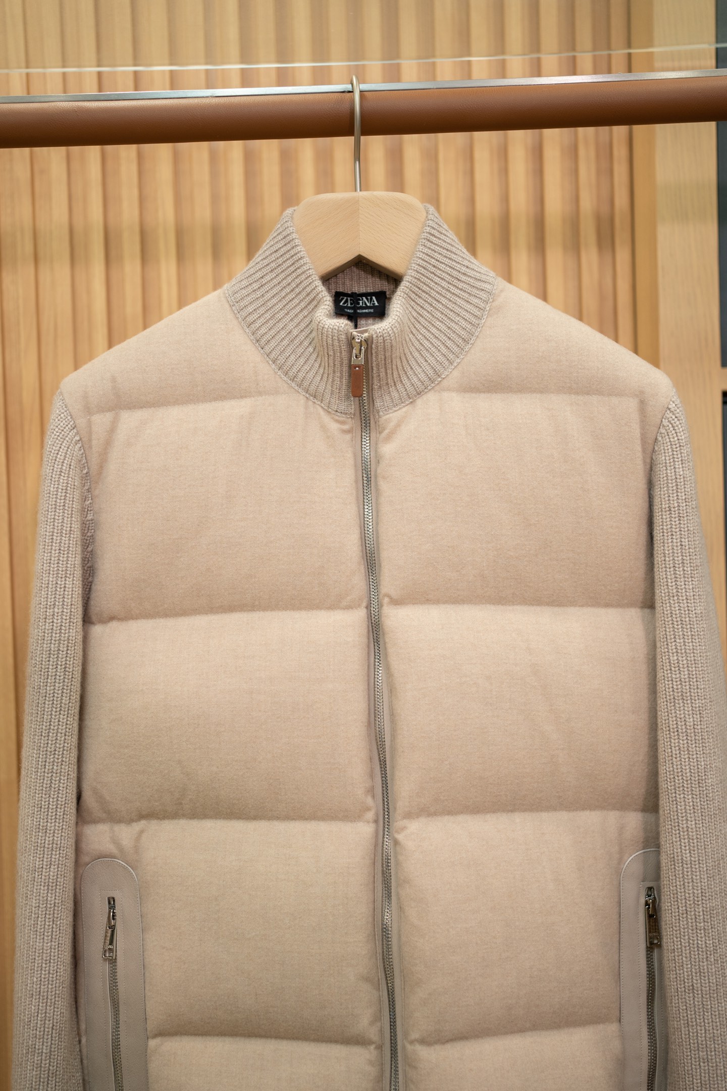 LP Beige Knit Spliced Down Bomber Jacket