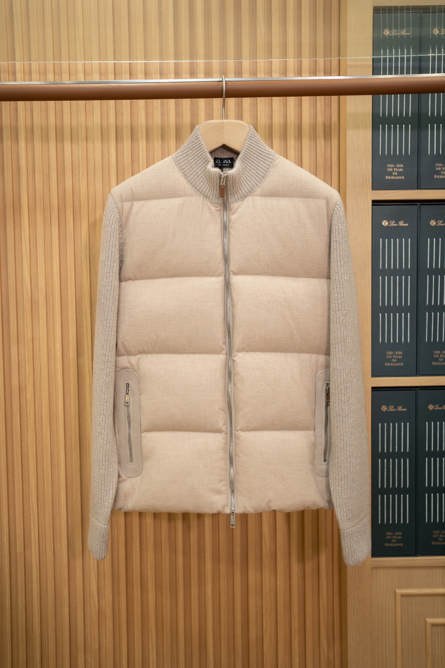 LP Beige Knit Spliced Down Bomber Jacket