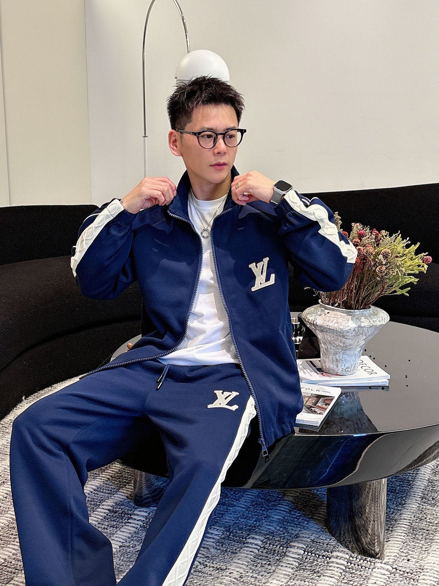 Louis Vuitton Men's Navy Blue Luxury Tracksuit with White Striped 9 i1757186486450 2701 0 4