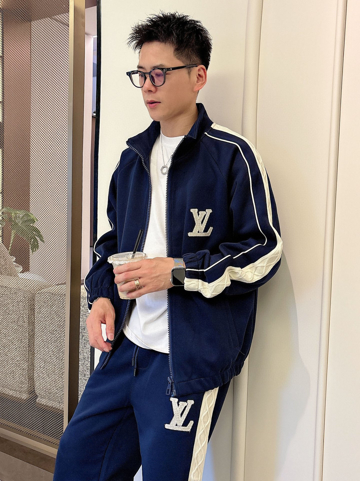 Louis Vuitton Men's Navy Blue Luxury Tracksuit with White Striped 3 i1757186487574 7083 0 12