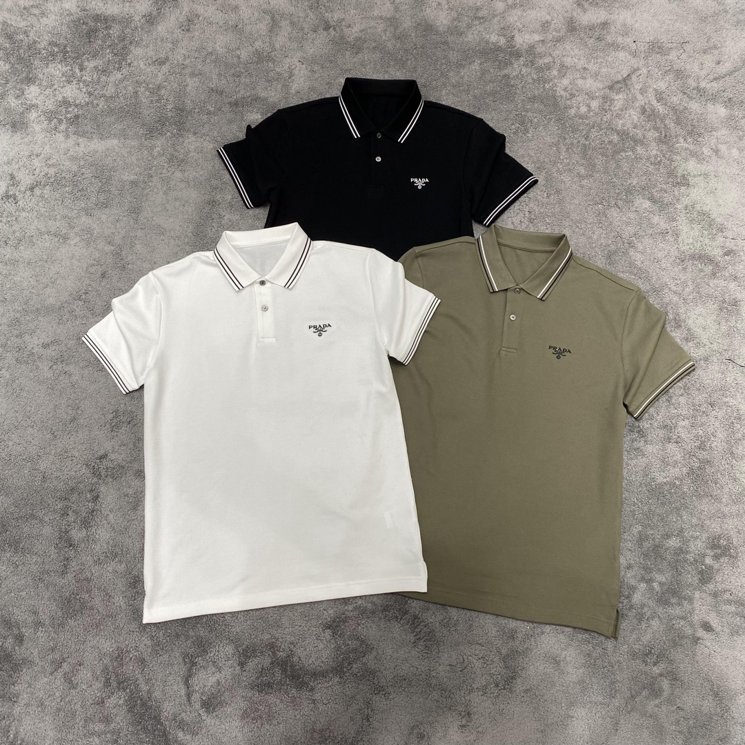 Prada Clothing Polo Black Green White Men Cotton Summer Collection Fashion