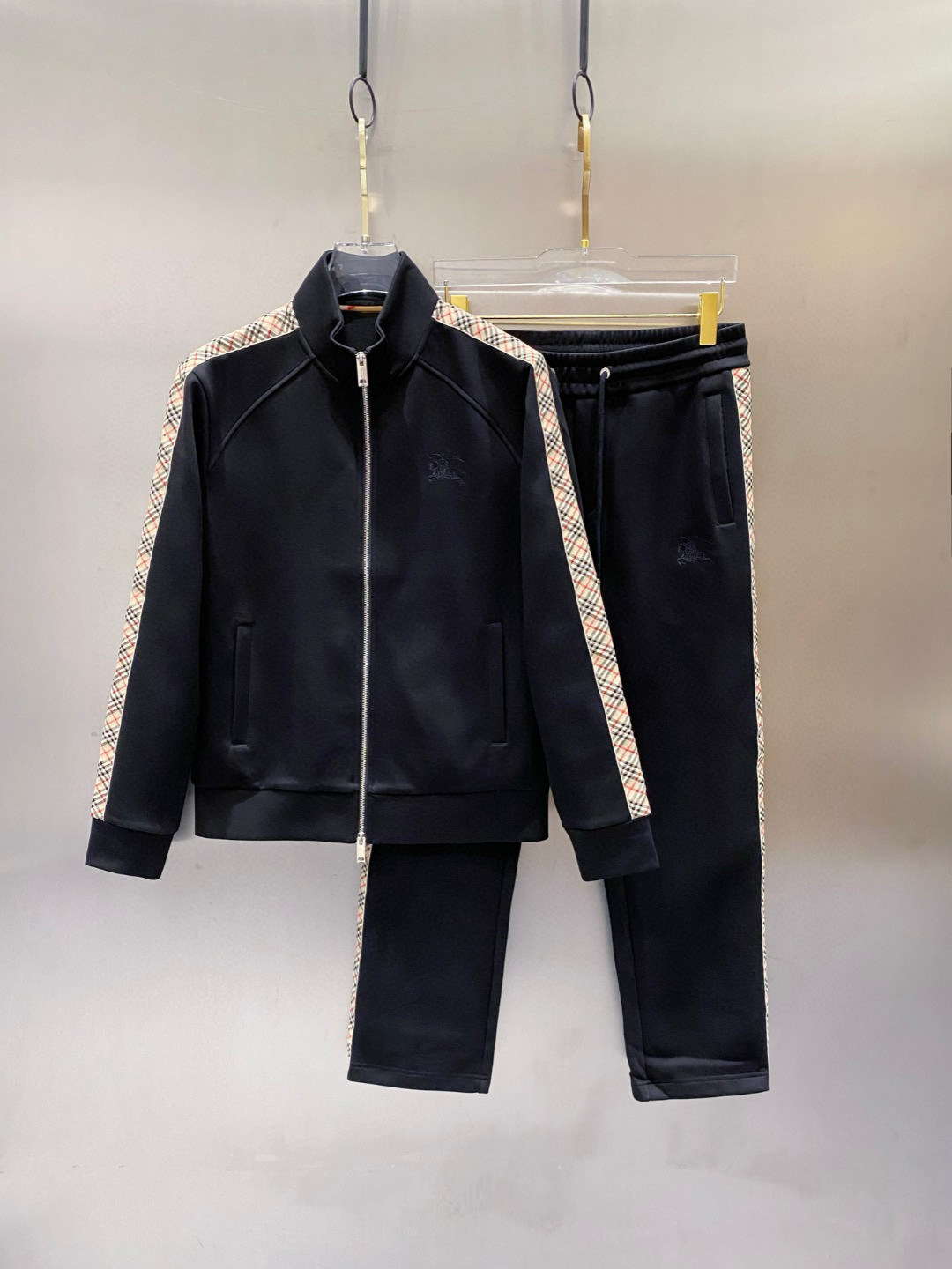 Burberry Men's Black Tracksuit with Checkered Trim - Casual Sportswear Set