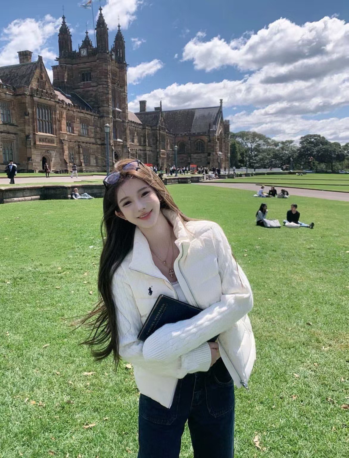 Ralph Lauren White Down Puffer Jacket with Cable Knit Sleeves