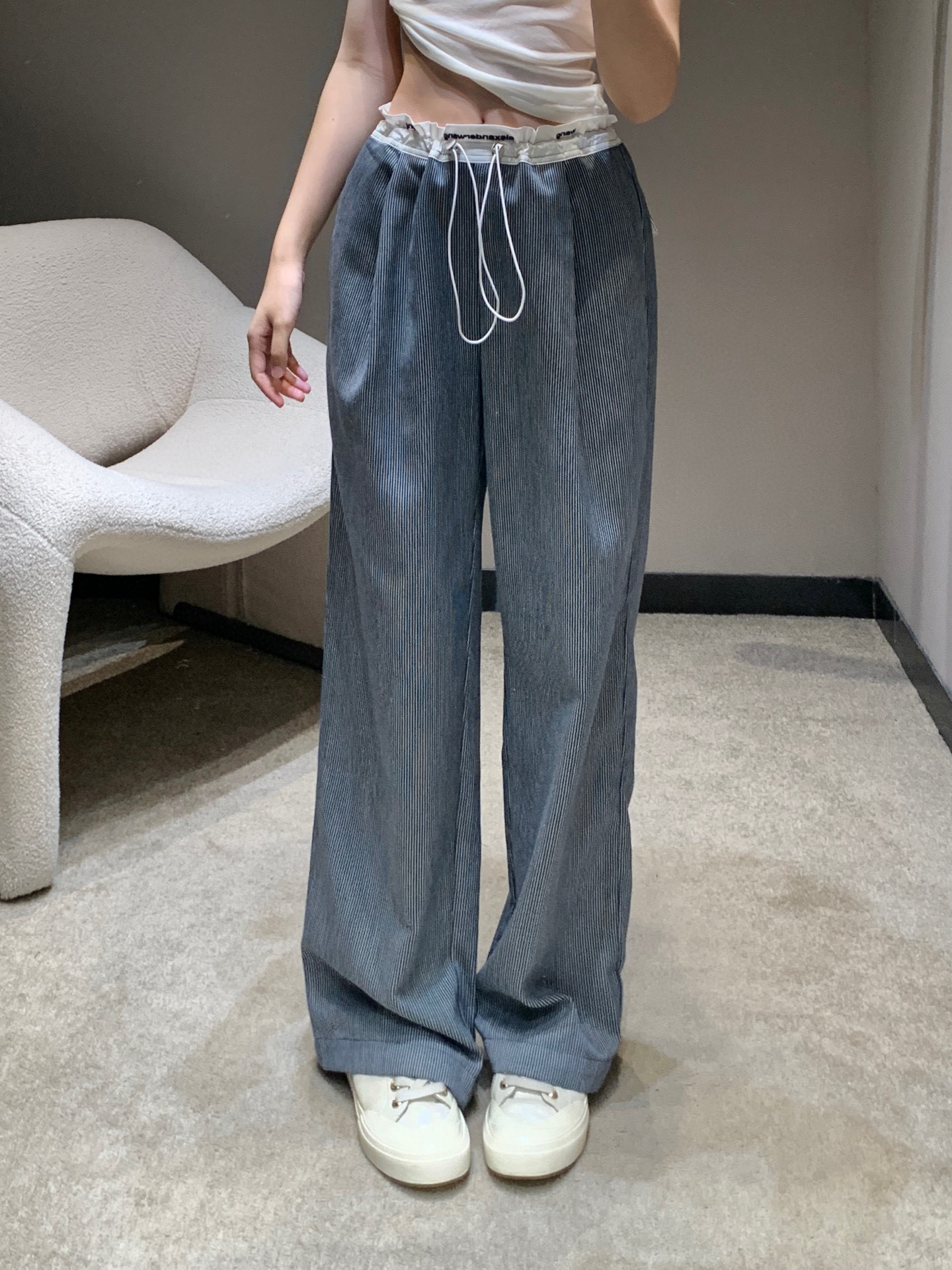 Alexander Wang Striped Corduroy Straight-Leg Pants with Drawstring Waist