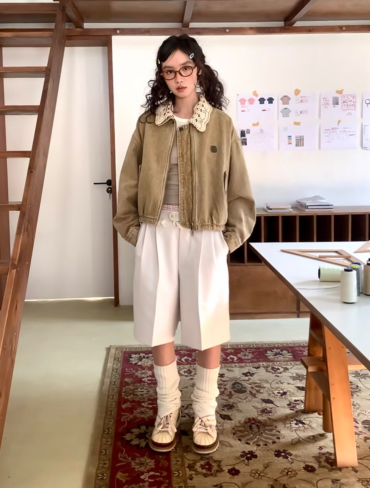 Loewe Inspired Khaki Jacket with Crochet Collar - Sweet & Slim Fit 2 i1756213021547 4603 0 1