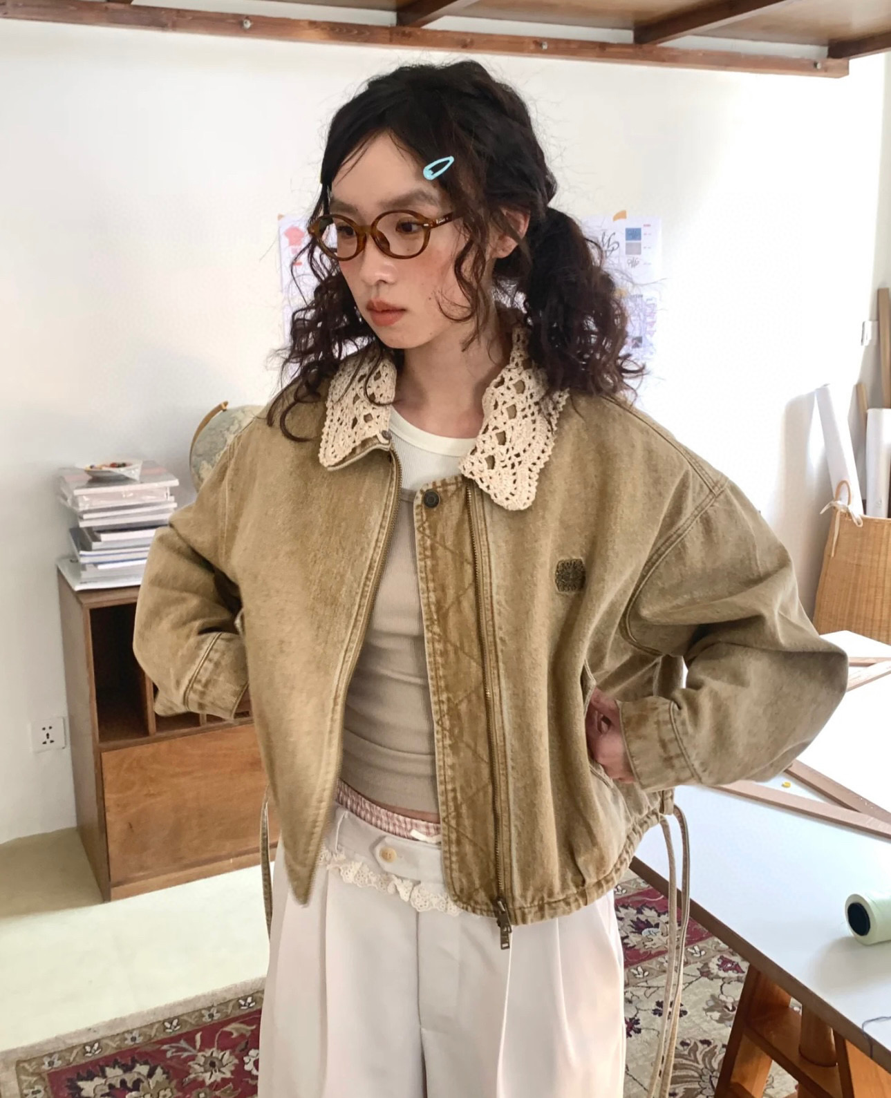 Loewe Inspired Khaki Jacket with Crochet Collar - Sweet & Slim Fit 4 i1756213022304 1809 0 3