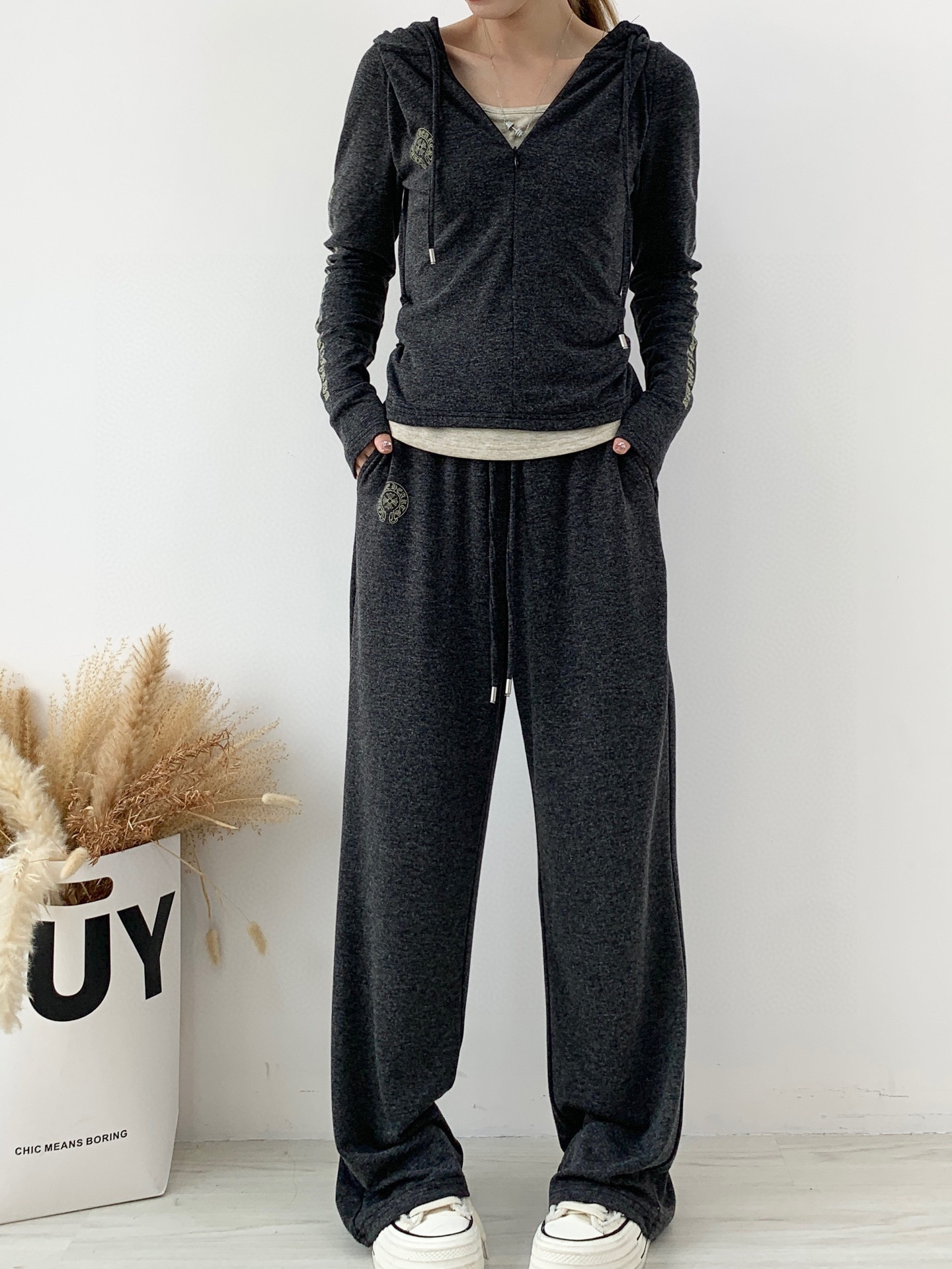 Chrome Hearts Inspired Two-Piece Hoodie and Wide-Leg Pants Set - Minimalist Style