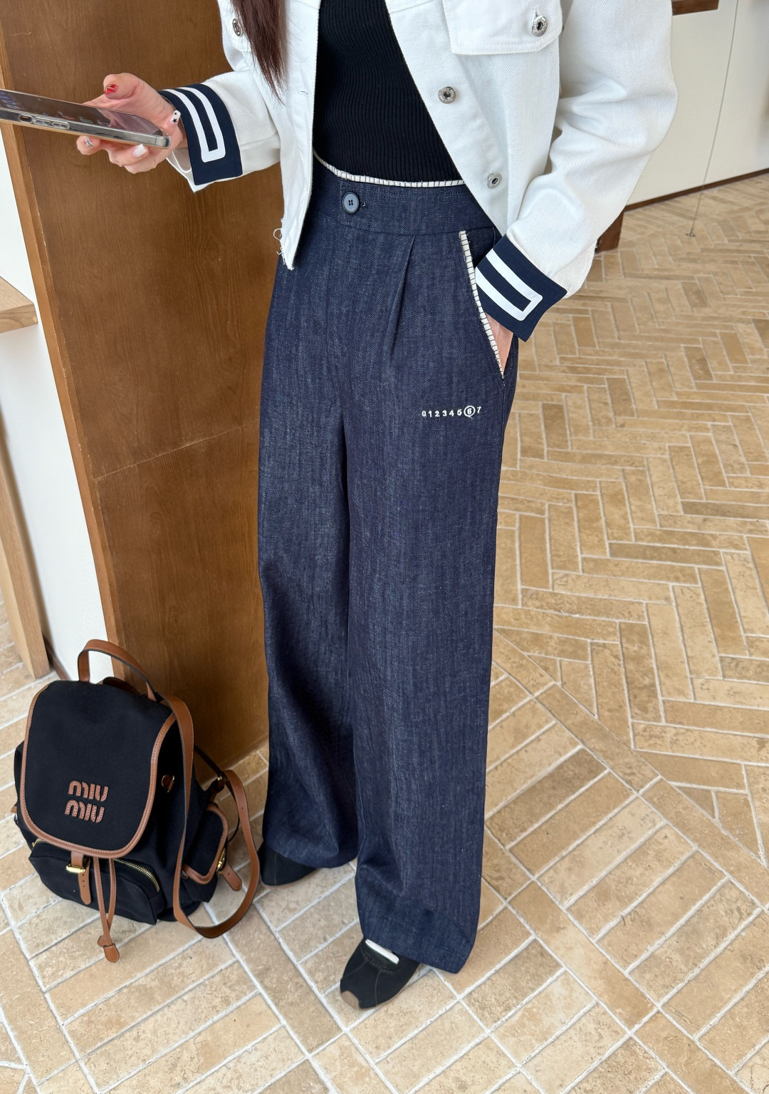 Miu Miu Wide-Leg Striped High-Waisted Jeans with Embroidered Logo Detail