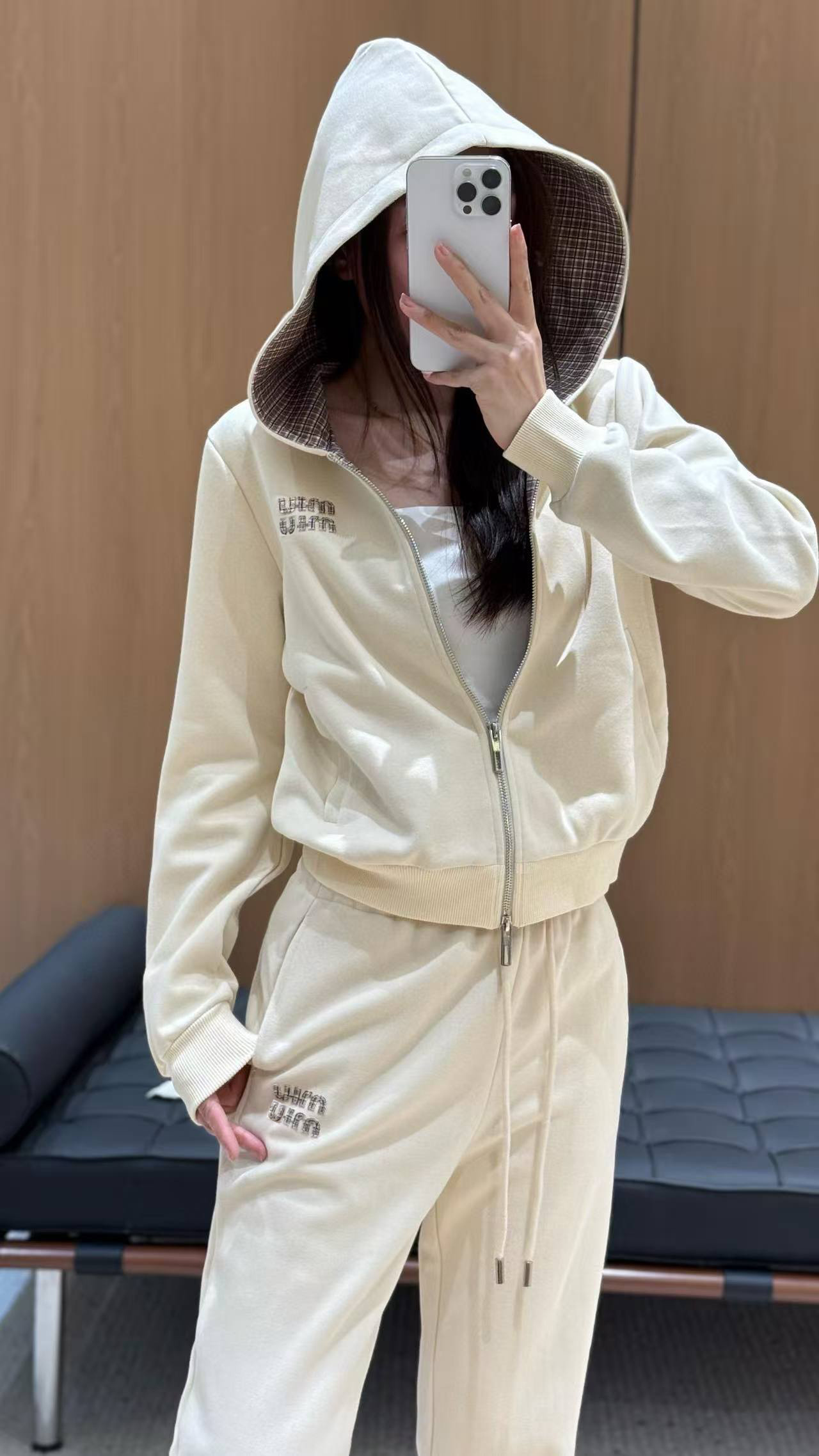 Miu Miu Hooded Plaid Patchwork Zip-Up Tracksuit Set, Beige, Women