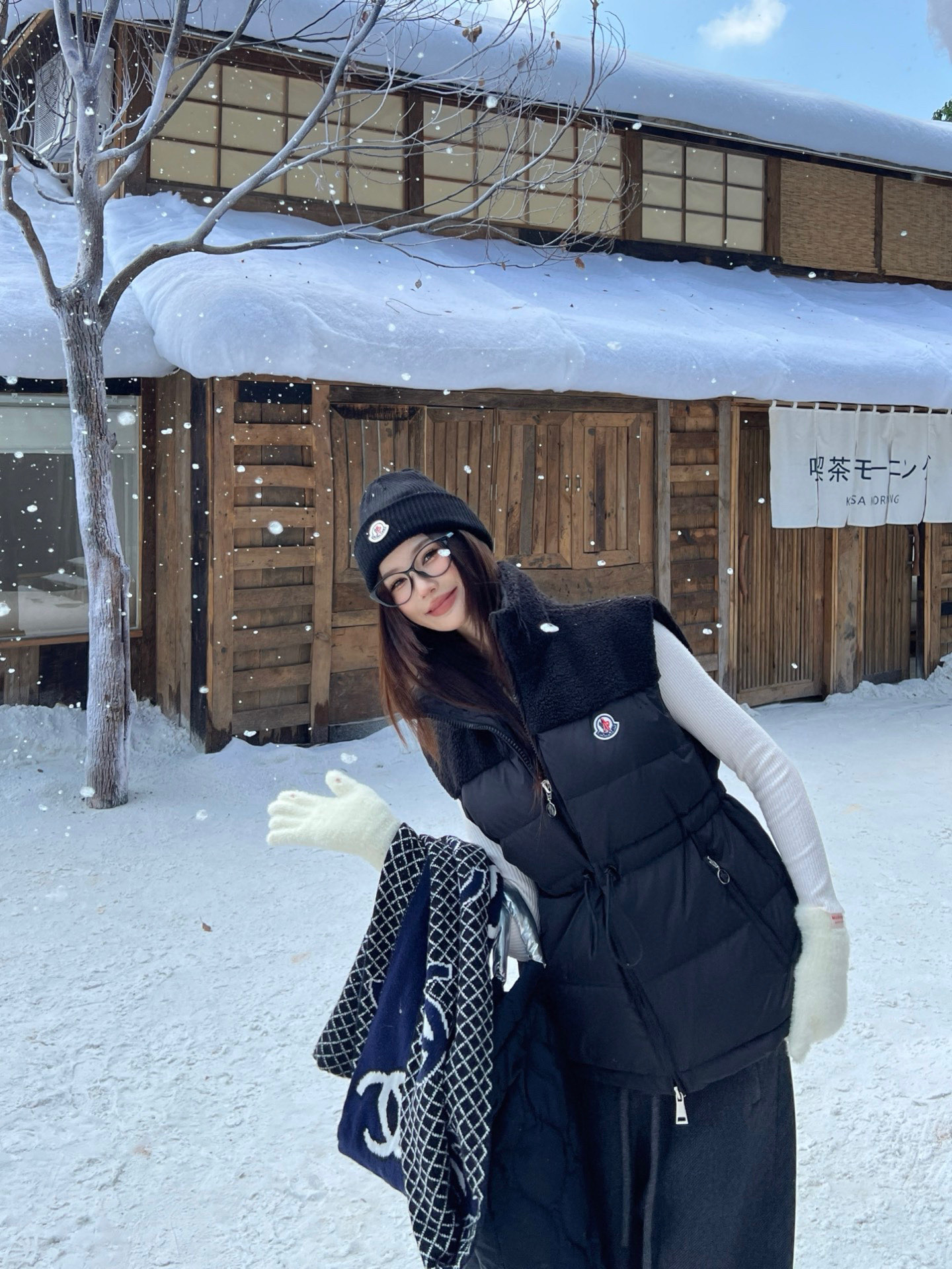 Moncler Lamb Wool Patchwork Stand Collar Down Vest with Drawstring