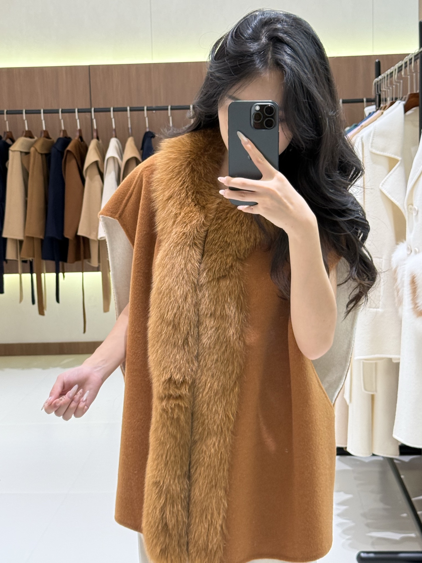 Maxmara Fur Vest Brown Sleeveless Fur Trim Warm Winter Outerwear
