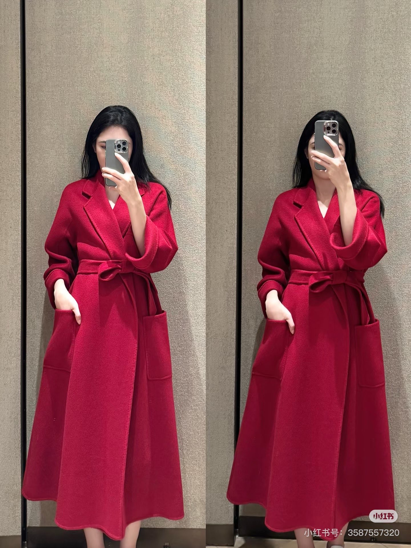 Max Mara Red Wool Blend Wrap Coat with Belted Waist and Patch Pockets