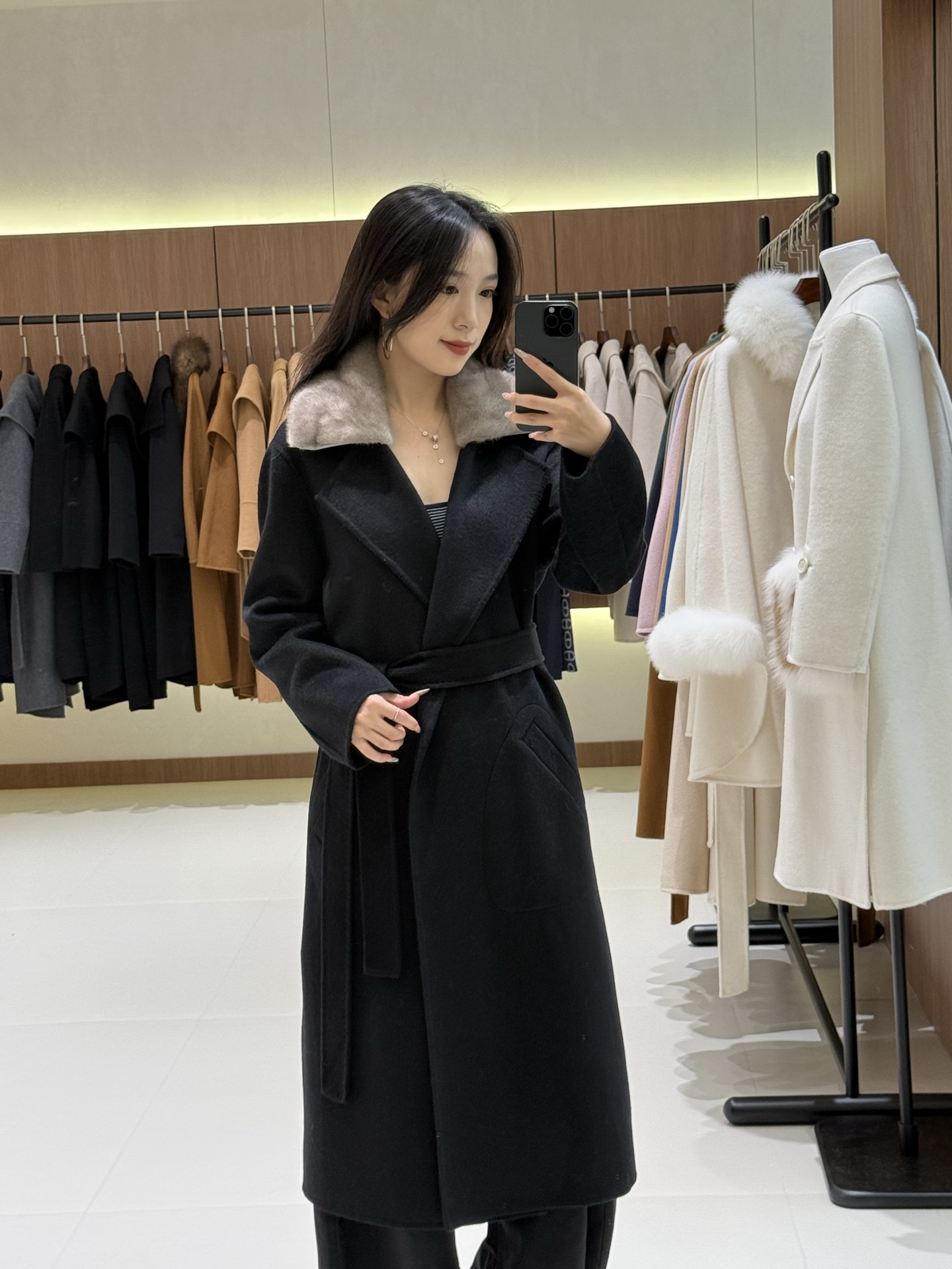 Max Mara Wool Coat with Fur Collar, Belted Long Winter Coat for Women