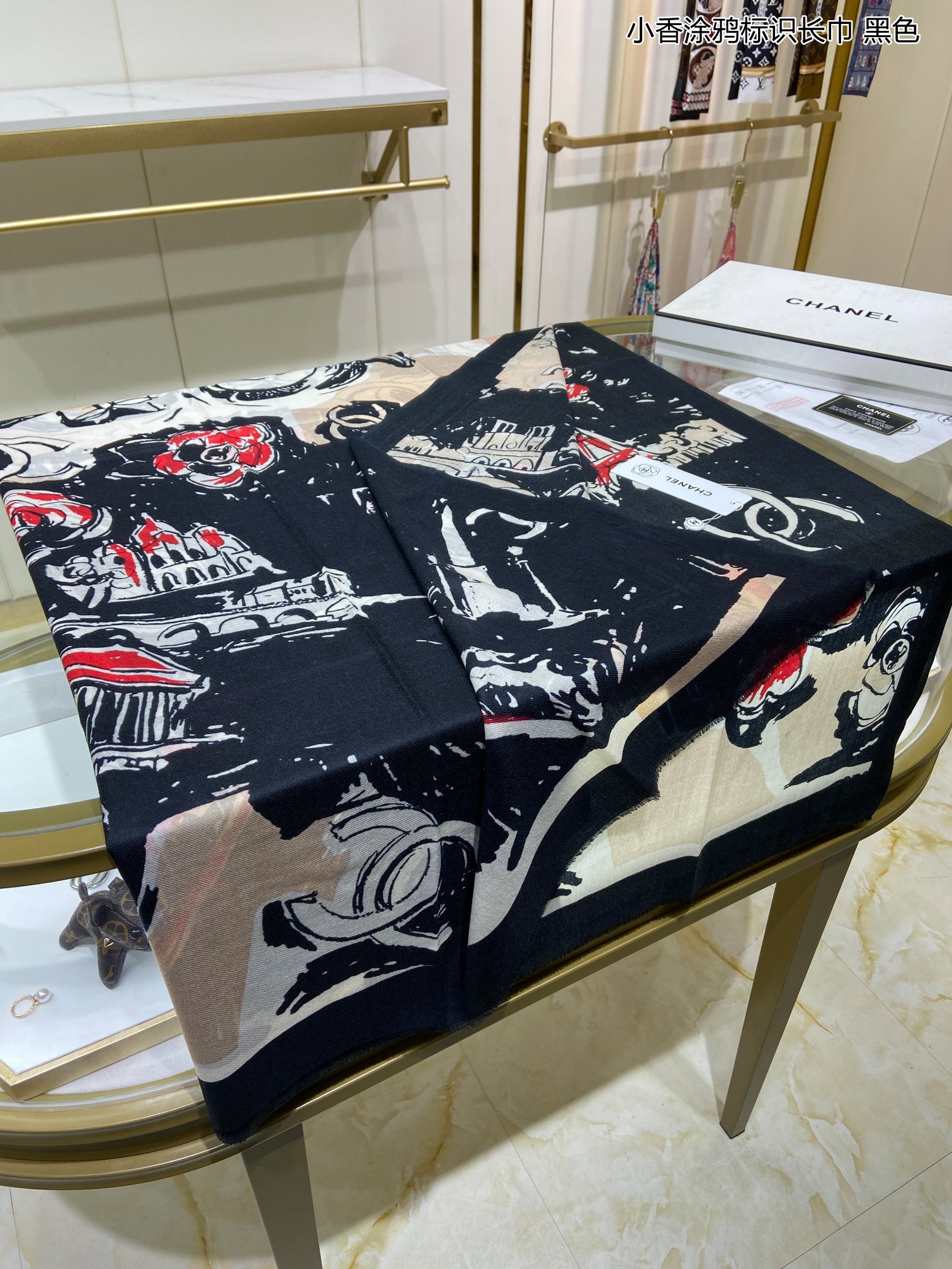 CHANEL香奈儿100%顶级纯山羊绒小香涂鸦标识长巾