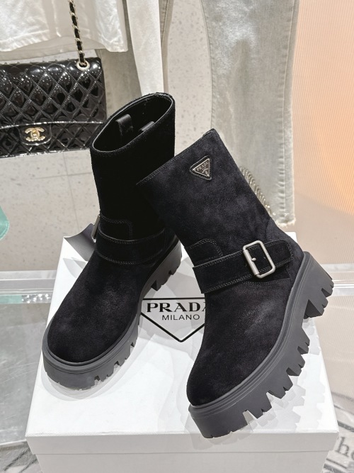 Prada F041 Series Black Suede Platform Ankle Boots With Buckle Detail 1 Prada F041 Series Black Suede Platform Ankle Boots With Buckle Detail