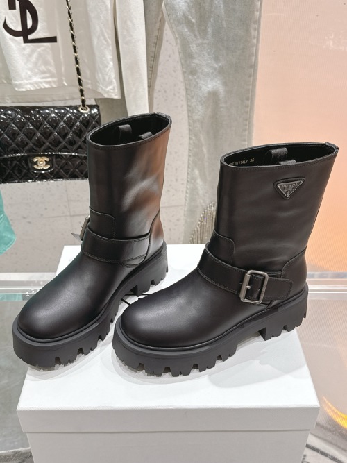 Prada F041 Leather Platform Mid-Calf Boots, Triangle Logo, Black