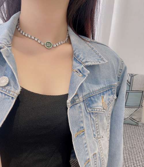 Miu Miu Crystal Logo Necklace - Green Glass Accent, Silver-Tone Finish 1 Miu Miu Crystal Logo Necklace - Green Glass Accent, Silver-Tone Finish