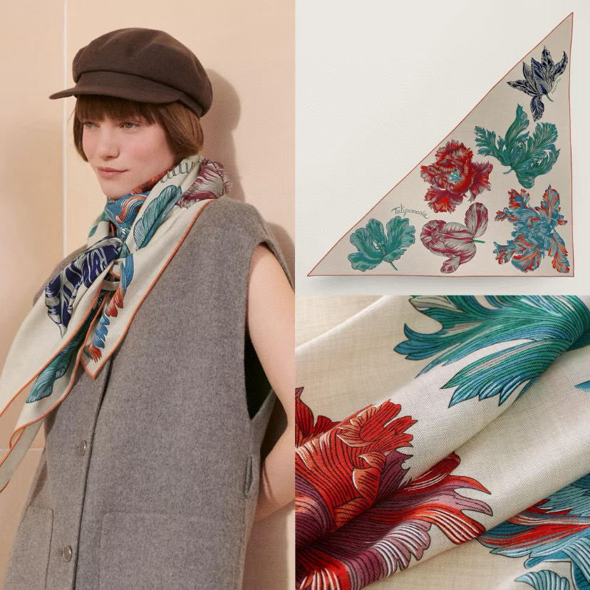 ✨✨【加厚丝毛款 双面同色】上新💏顶级H家专柜最新款【郁金香狂热 大三角巾】多功能三角巾 🎀🎀，色彩明丽