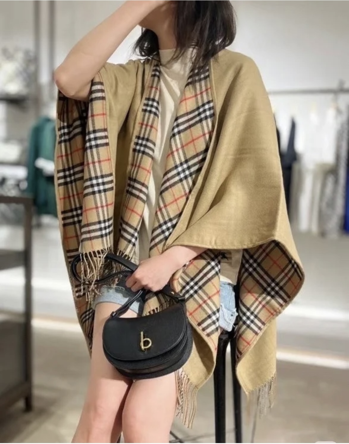Reversible Wool Blend Cape, Check and Solid Design, One Size Fits All 2 i1756053842732 7380 0 0