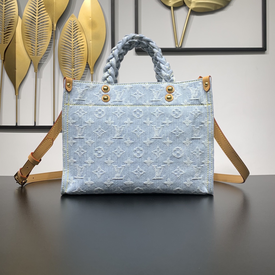 Louis Vuitton LV Onthego Sacs À Main Sacs Cabas Bleu Tissé Cuir de vache Tissu coton bleu Série d’été M24897