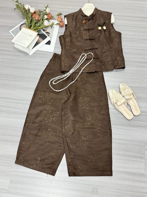 Elegant Jacquard Silk Linen Vest and Pants Set - Sophisticated Style 1 Elegant Jacquard Silk Linen Vest and Pants Set - Sophisticated Style