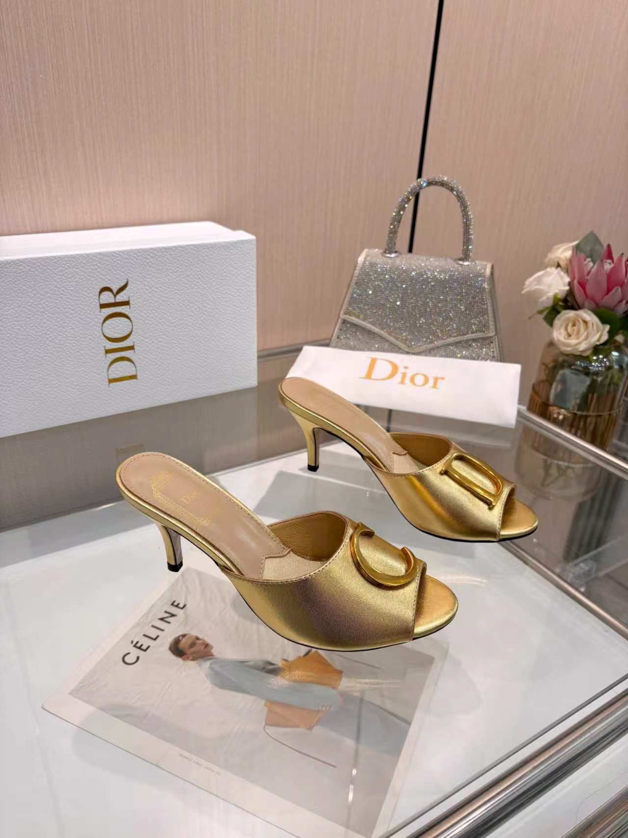Dior Gold Buckle Heeled Mules
