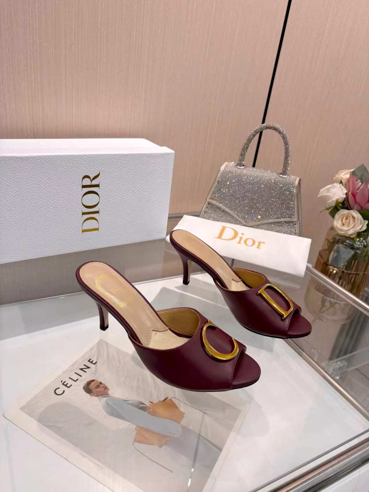 Dior Burgundy Buckle Heeled Mules