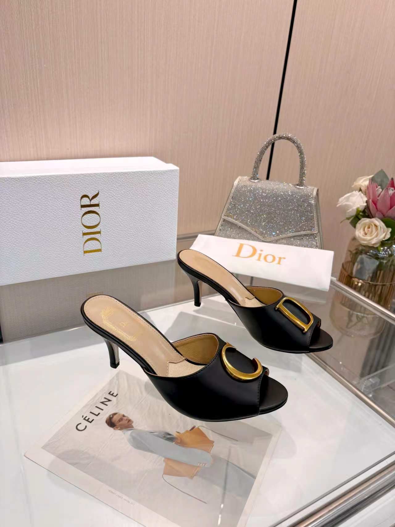 Dior Black Buckle Heeled Mules